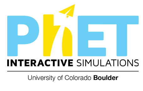 Logo for PhET Interactive Simulations, PhET spelled with blue and yellow letters with a paper airplane flying through the h.